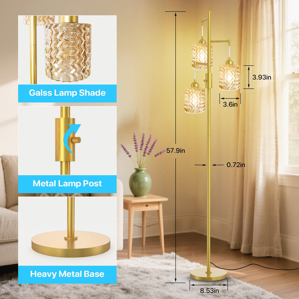Gold Floor Lamp for Living Room, 3-Light Gold Glass Lampshades