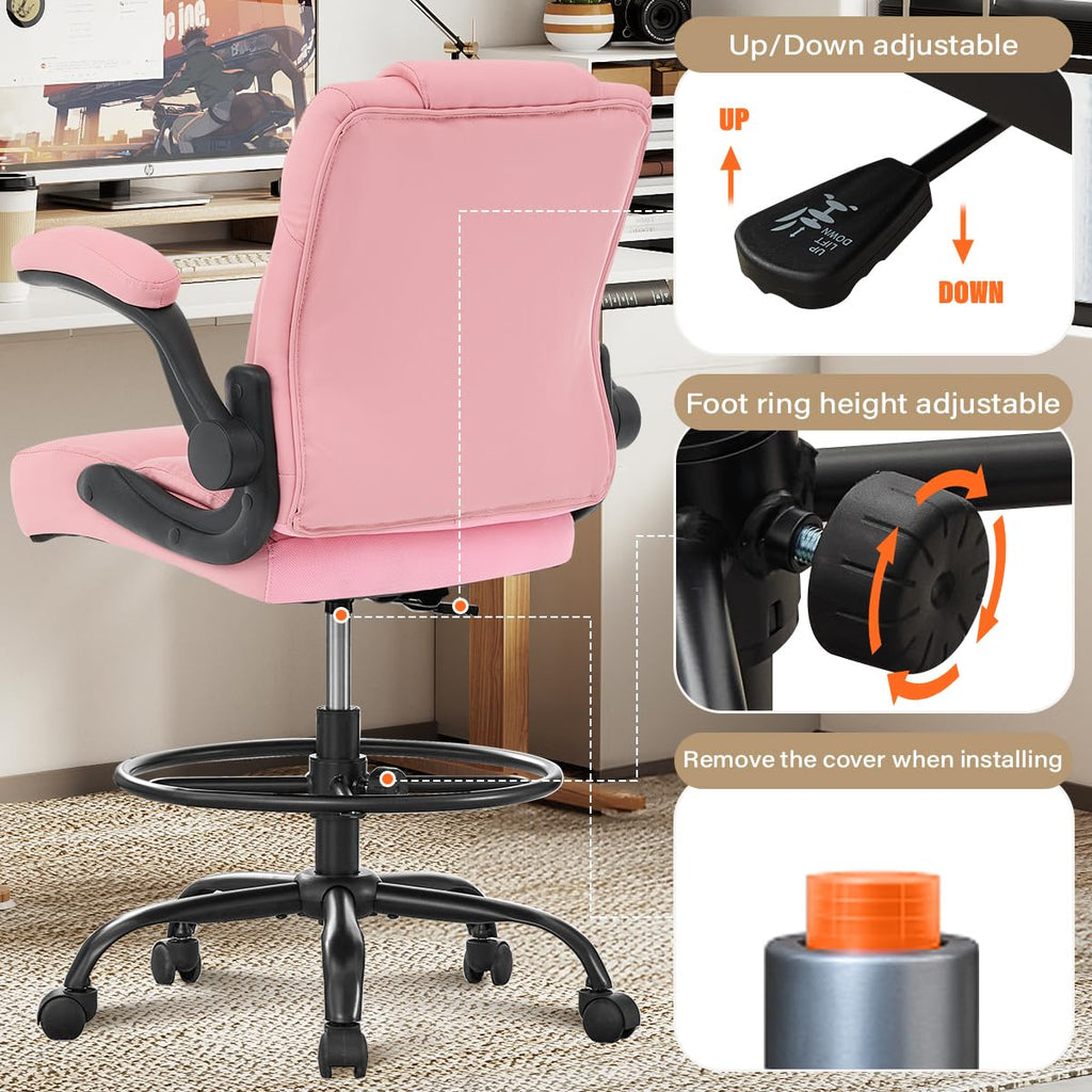 Ergonomic Drafting Chair,Tall Office Chair for Standing Desk with Flip-Up Armrests,Adjustable Foot Ring & Height, High Leather Executive Office Chair for Home,Drawing or Counter Height Use