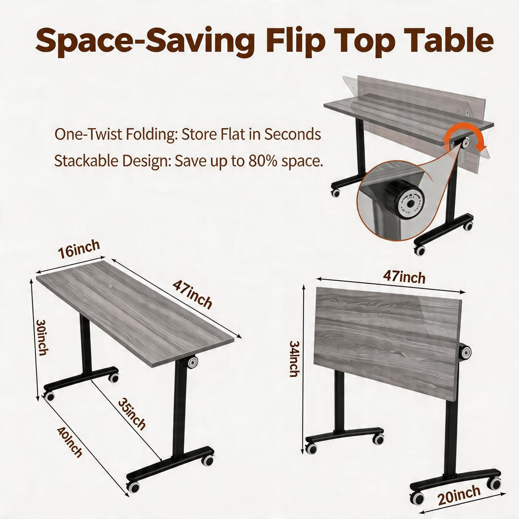 55″ Flip Top Training Table with Lockable Wheels, Mobile Nesting Folding Conference Table, Space Saving Seminar Desk for Classroom, Office, Library (8, Gray, 55"×20"×30")