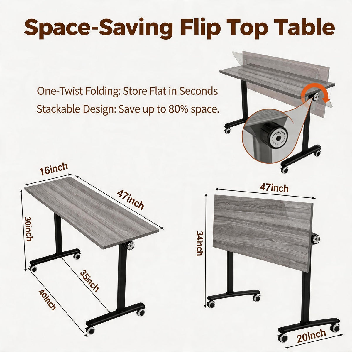 55″ Flip Top Training Table with Lockable Wheels, Mobile Nesting Folding Conference Table, Space Saving Seminar Desk for Classroom, Office, Library (10, Gray, 55"×20"×30")