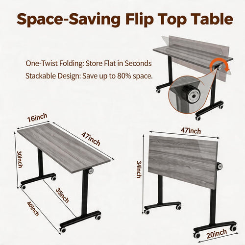 10 Pack Flip Top Training Table with Lockable Wheels, Mobile Nesting Folding Conference Table, Space Saving Seminar Desk for Classroom, Office, Library (Gray, 47"×16"×30")