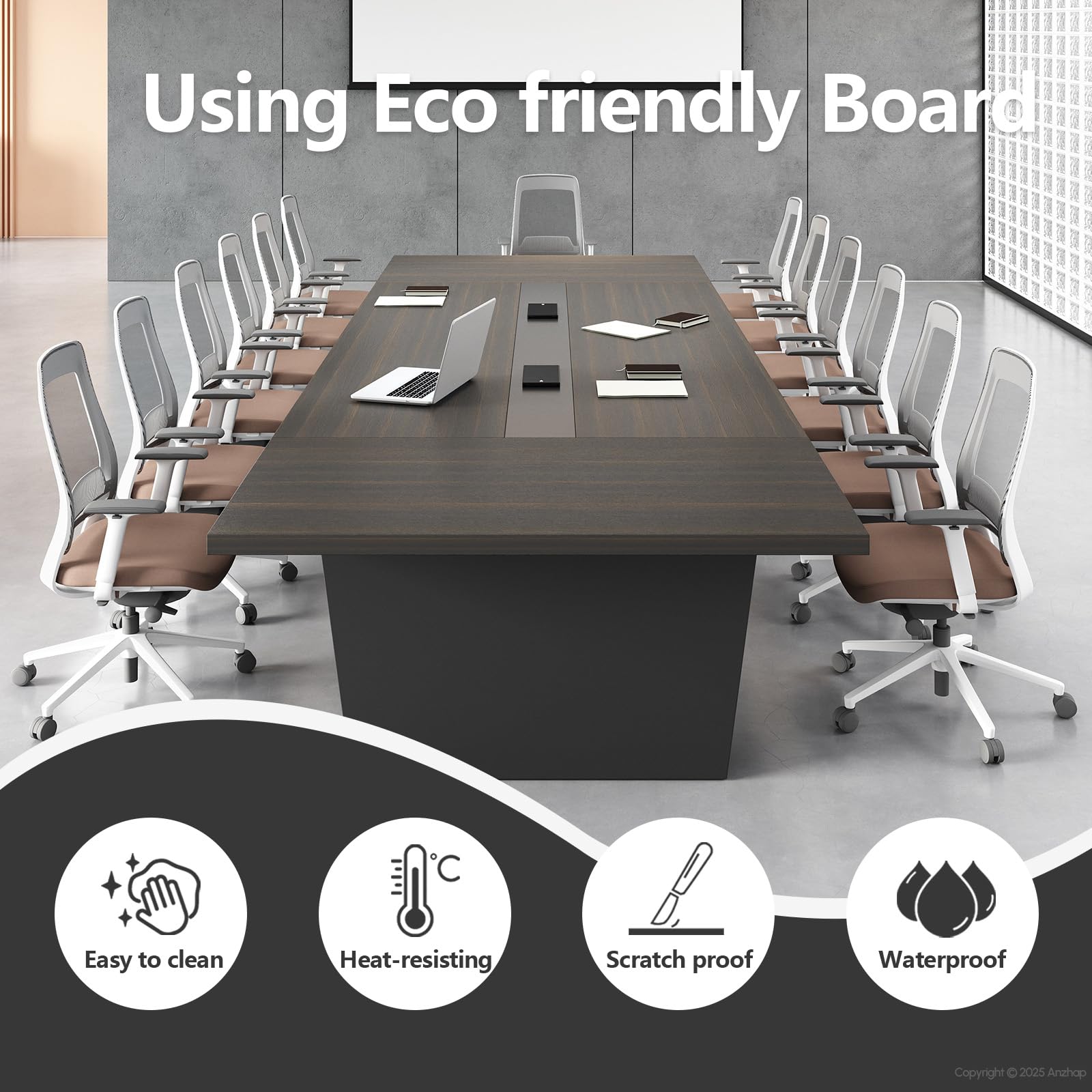 10FT Conference Table, Large Meeting Table for 10 People, Business Style Training Table with Charging Stations & 2" Thickened TableTop for Office Conference (Smoked Walnut & Gray, 118"L * 51"W * 30"H)