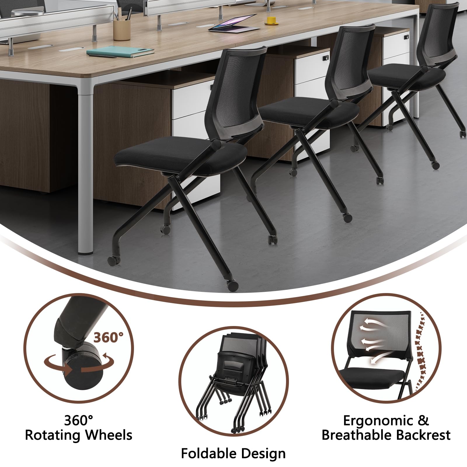 (2pk) Stackable & Foldable Chairs with Wheels, Reception Guest Chairs with Lumbar Support, Ergonomic Mesh Back Folding Chair for Office Schools Training Conference Waiting Room, Black