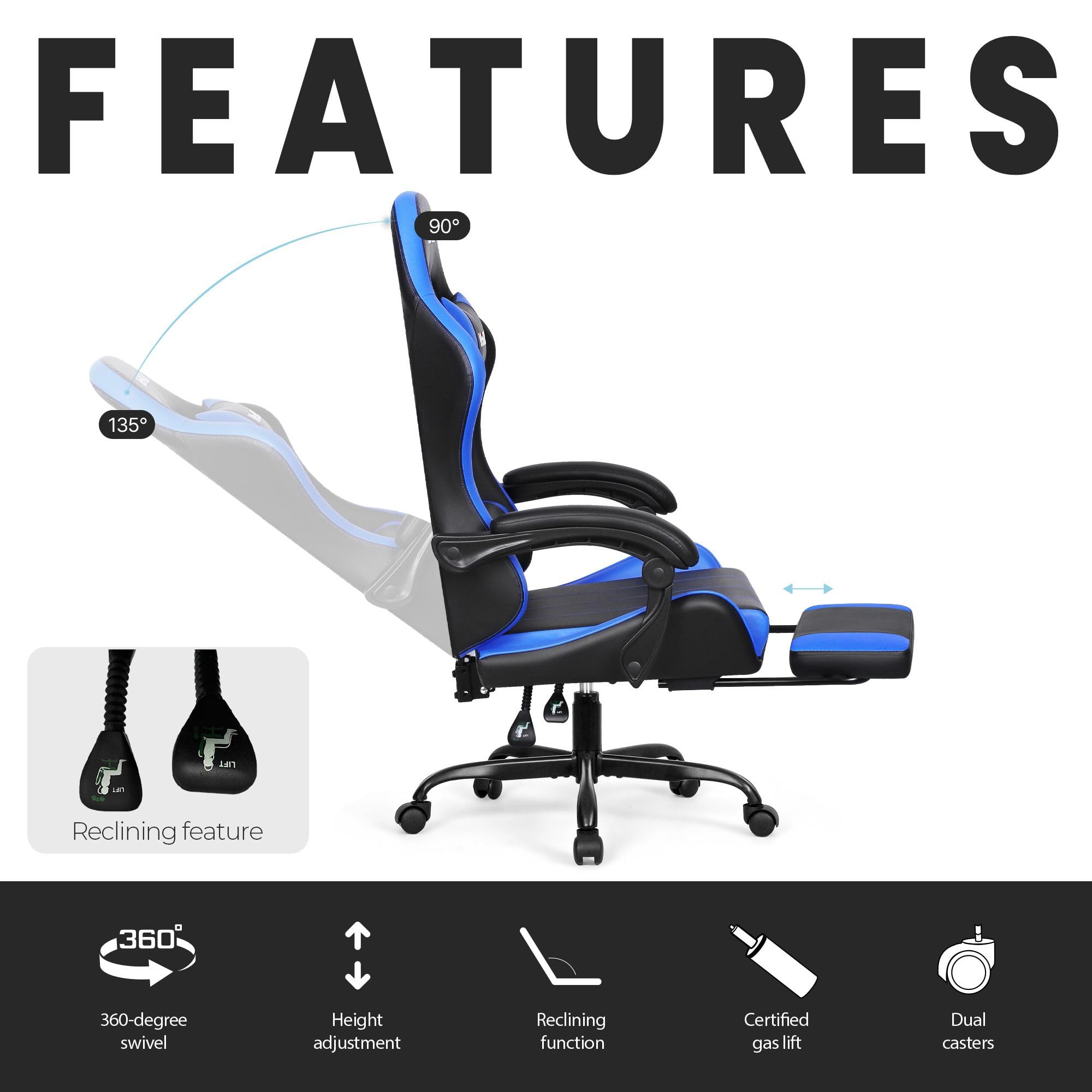 Gaming Chair with Footrest Lumbar Support for Home Office High Back Recliner Height Adjustable Ergonomic Comfy Leather Computer Desk Chair (Blue)