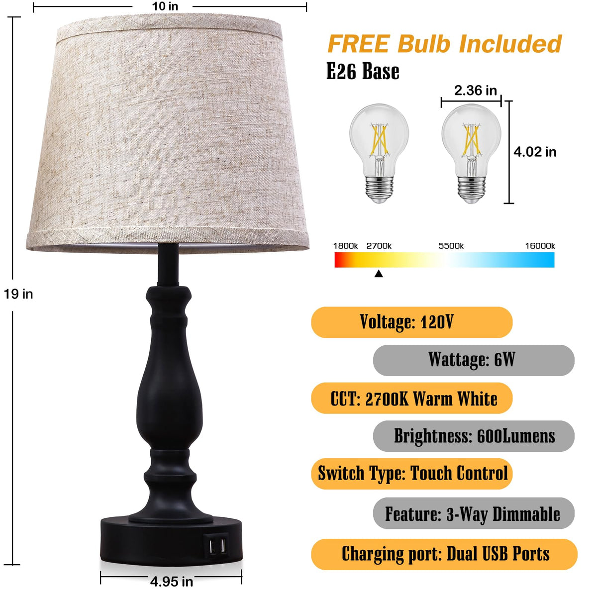 Table Lamps Set of 2, Bedside Nightstand Lamps with USB Charging Ports,Dimmable Touch with Linen Fabric Lampshade, Modern Small Lamp for Bedrooms, Living Room (Bulbs Included)