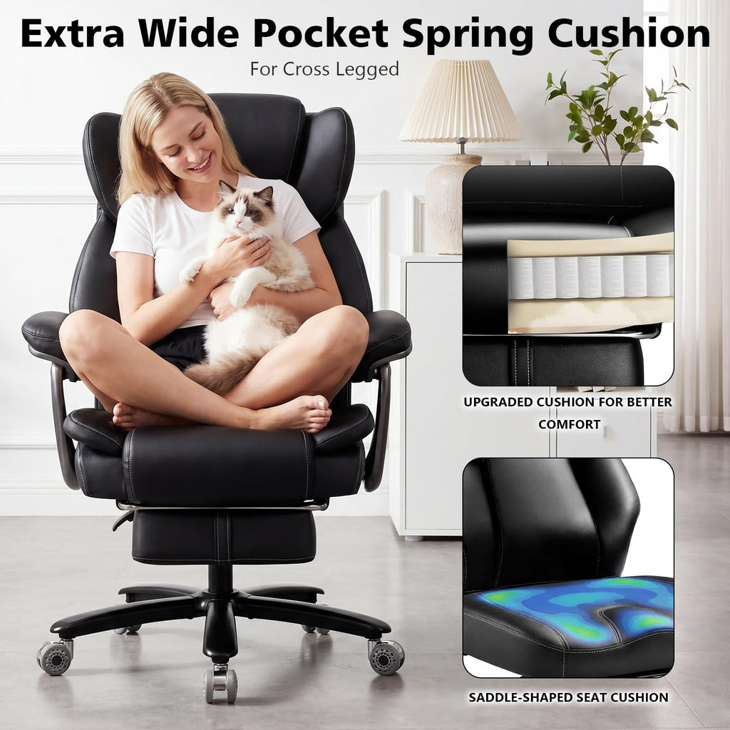 Indulgear 500lbs Heavy Duty Comfy Office Chair, Reclining Big and Tall Office Chair for Heavy People, High Back Executive Chair with Adjustable Lumbar Support,Pocket Spring Cushion