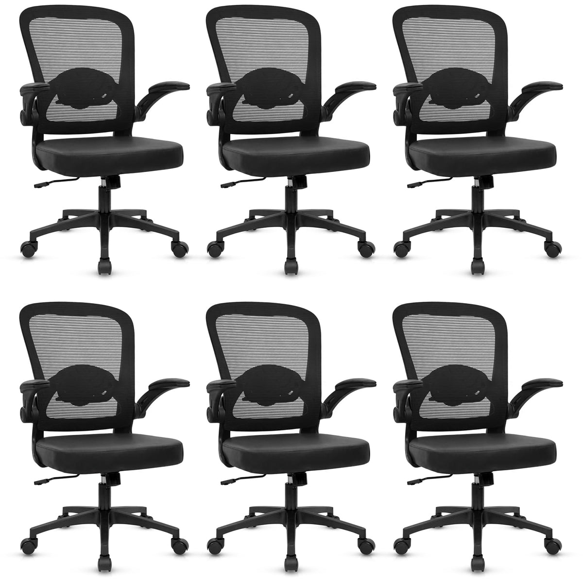 Desk Chairs with Wheels, Ergonomic Mesh Back PU Leather Seat Home Office Adjustable Lumbar Support and Height Swivel Rolling Computer Task Chair with Flip Up Arms for Conference, Black, 6PK