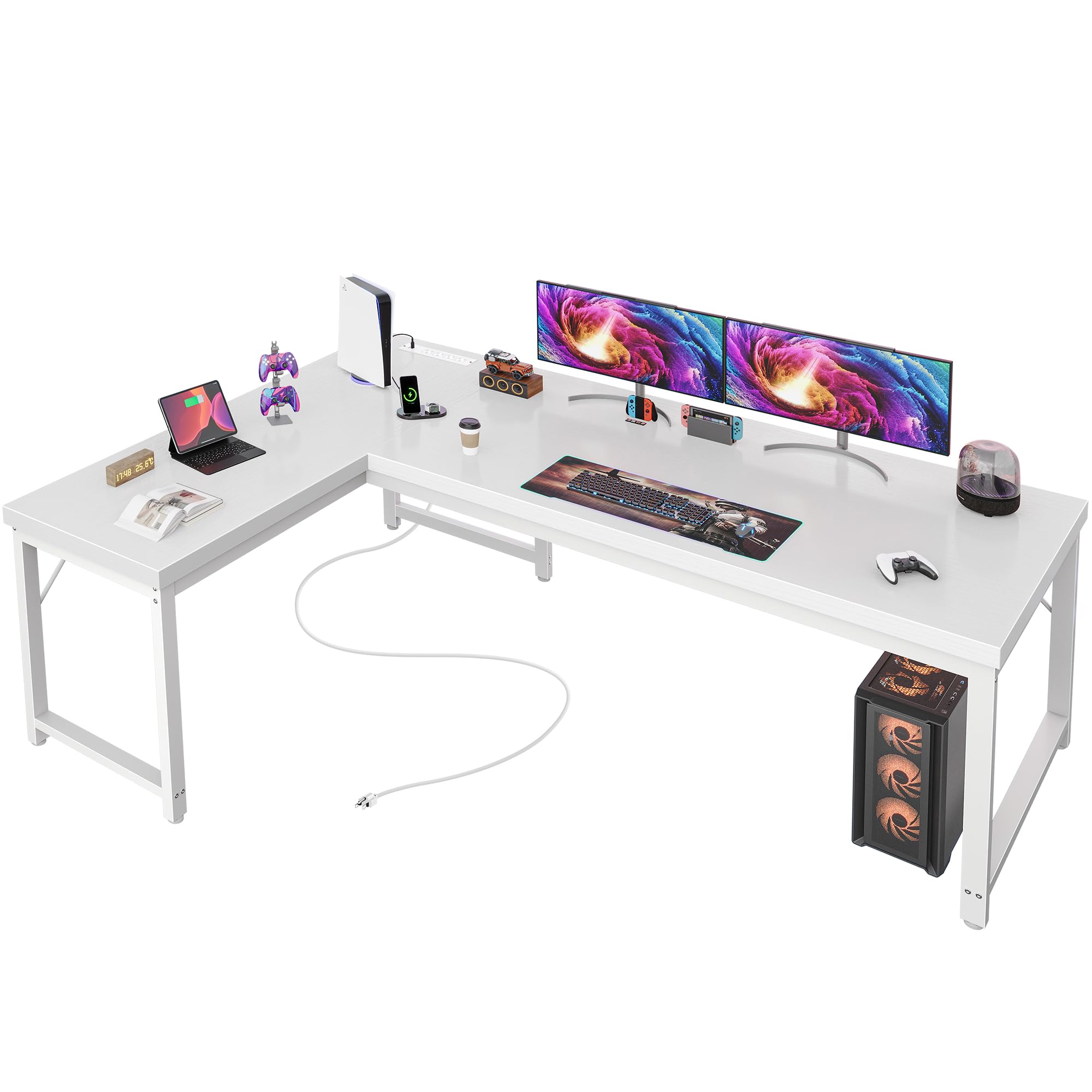 63 Inch L Shaped Desk with Power Outlets and USB-C Port, Reversible Computer, Larger Office Corner Gaming Desk, 0.95 Inch Thicker Desktop, Metal Frame, for Home Office, Study, White