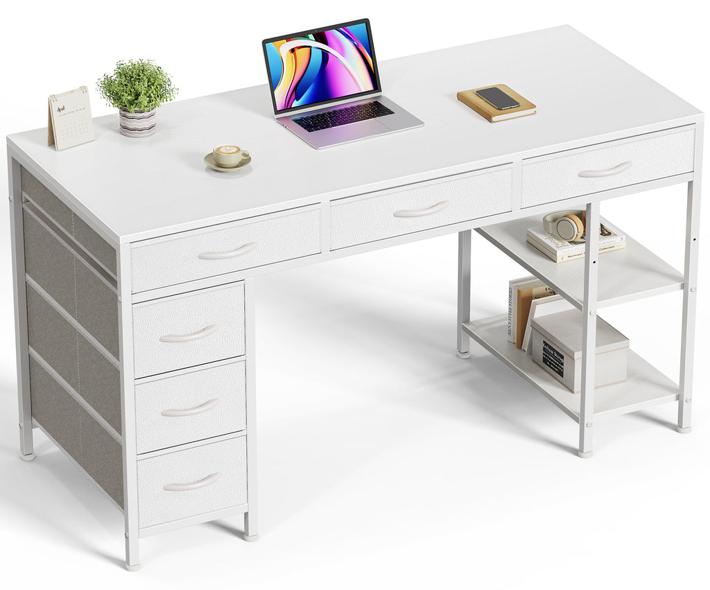 Computer Desk with 6 Drawers, Office Desk with Shelves, Reversible Gaming Desk, Corner Desk with Storage, Work for Home Office, Study, Living Room, 47inch, White
