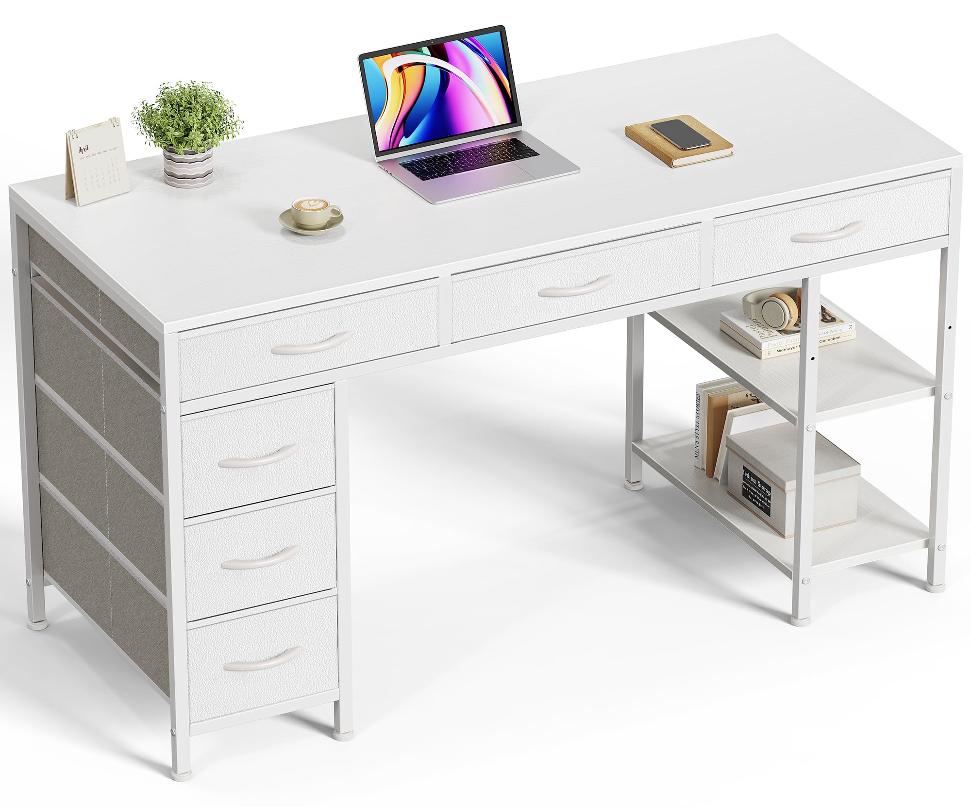Computer Desk with 6 Drawers, Office Desk with Shelves, Reversible Gaming Desk, Corner Desk with Storage, Work for Home Office, Study, Living Room, 47inch, White