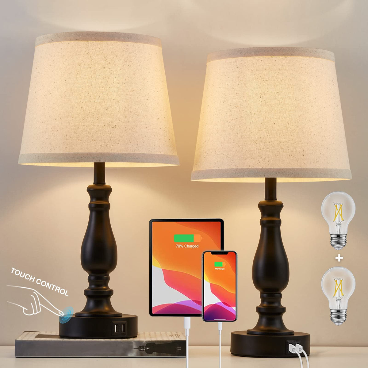 Lamps for Bedroom Set of 2,Touch Bedside Table Lamp with USB C+A Ports,Dimmable Nightstand Lamps with Round Fabric Linen Lampshade for Living Room Reading Bed Side End Table,Bulbs Included
