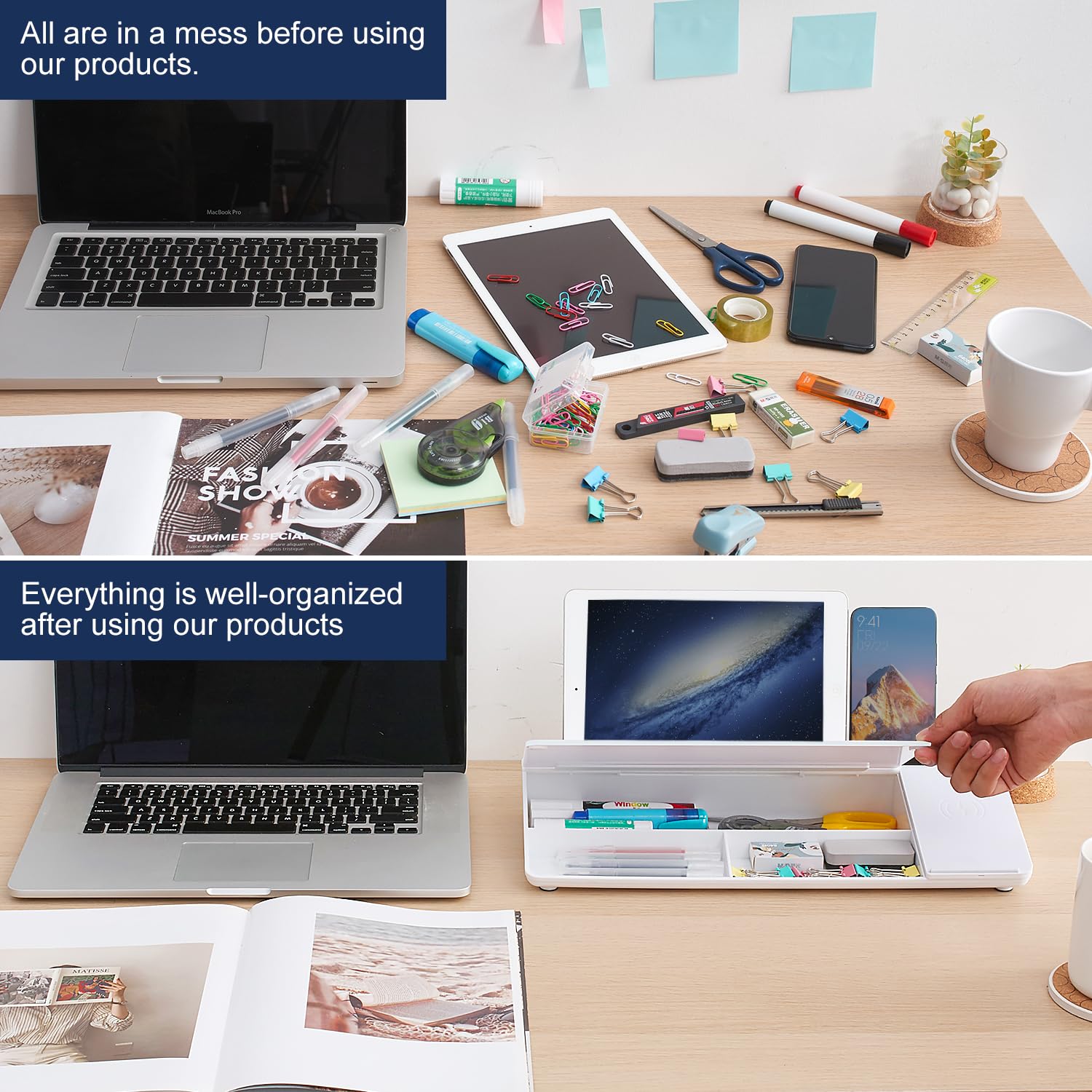 Small Glass Desktop Whiteboard Dry-Erase-Board - Computer Keyboard Stand with Wireless Charger White Board Surface Pad with Drawer, Desk Organizers with Accessories for Office, Home, School Supplies