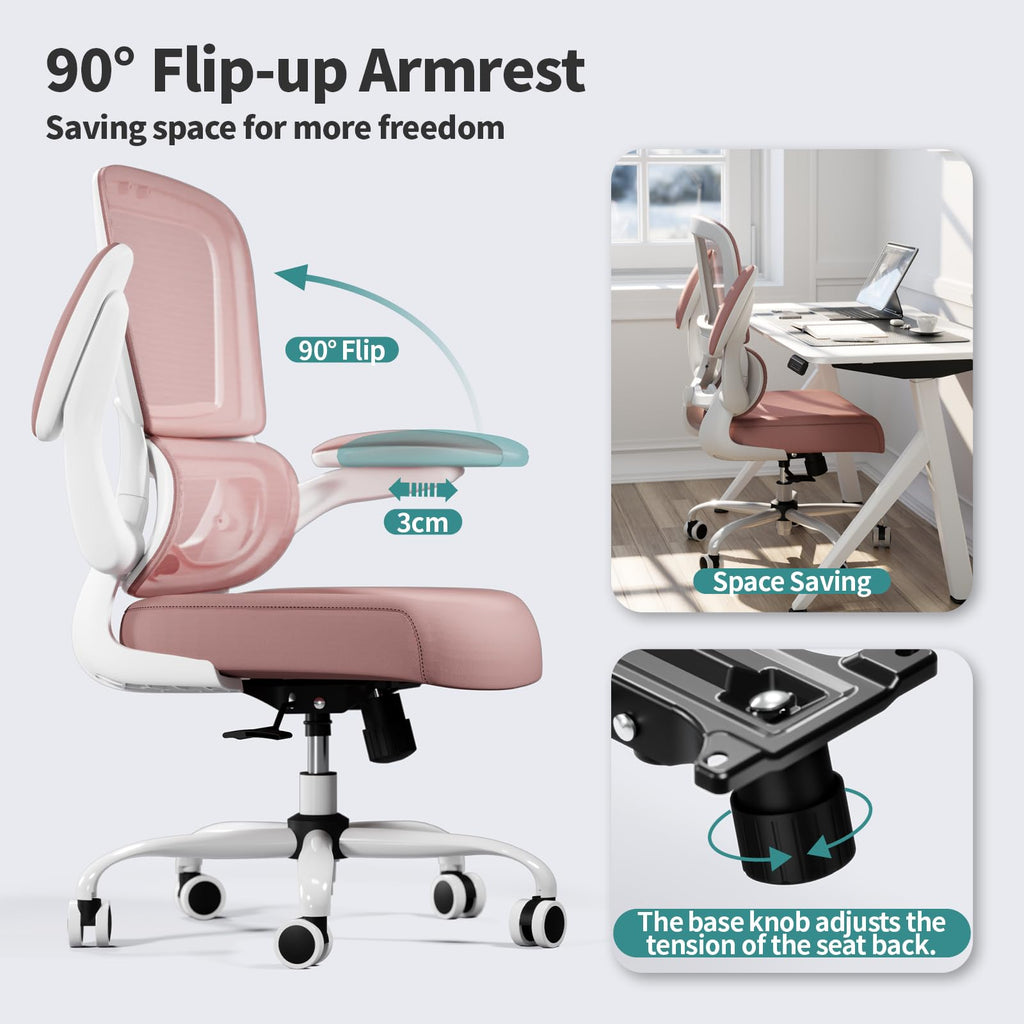 Office Chair - Ergonomic Desk Chair with Adjustable Lumbar Support, Mesh Computer Chair, Executive Chairs for Home Office Comfortable Lumbar Support (Pink)