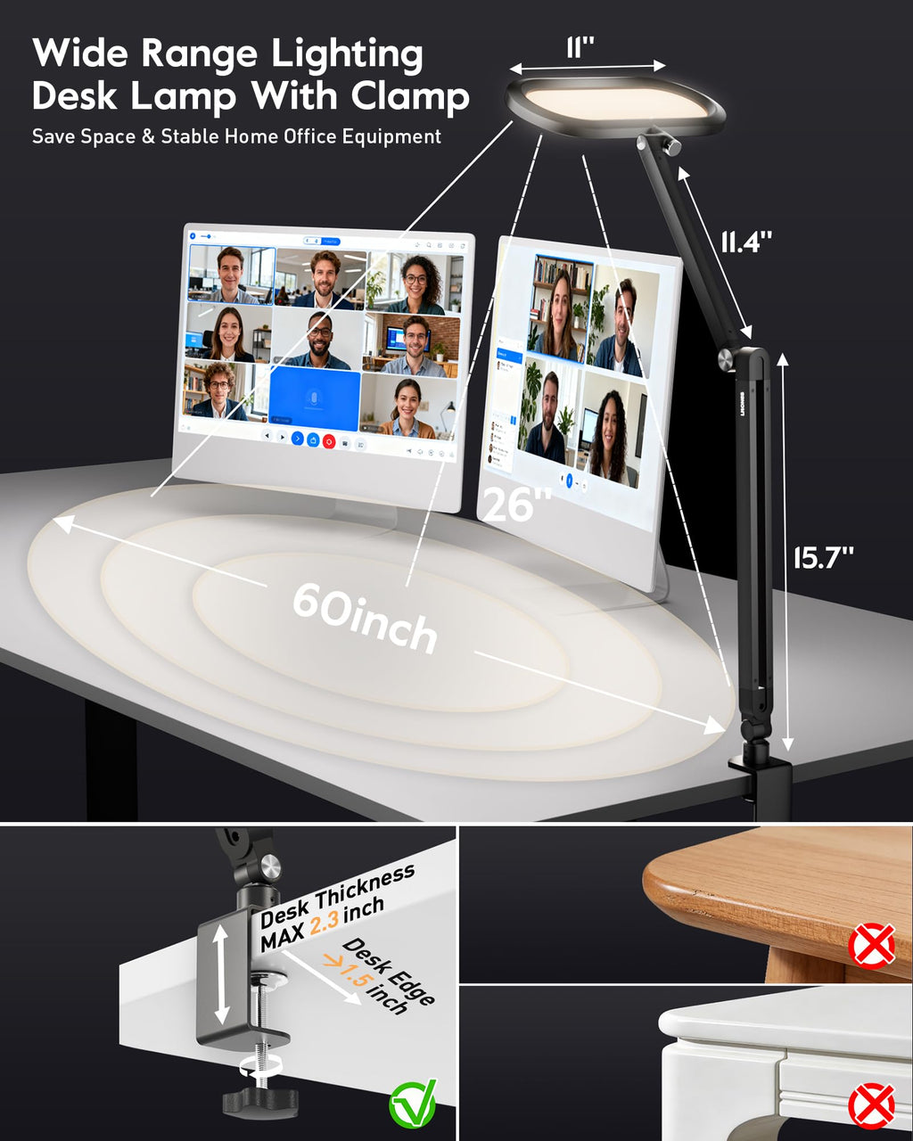 Dual-Side LED Desk Lamp with Clamp, Soft Light with Stepless Remote