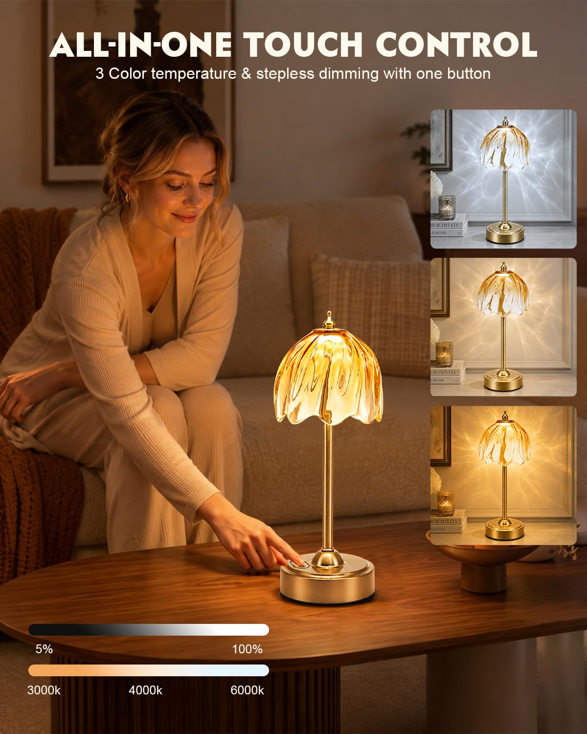 Cordless Flower Table Lamp, 5200mAh Small Rechargeable Touch Lamp
