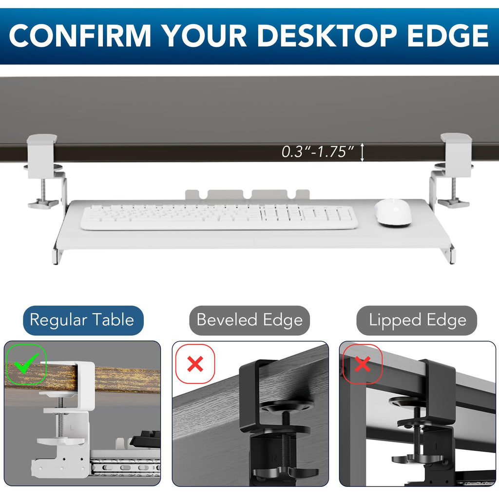 Keyboard Tray Under Desk Pull Out with Extra Sturdy C Clamp Mount System, 27.3 (32.5 inch Including Clamps) x 11 Inch Slide-Out Platform Computer Drawer for Typing White