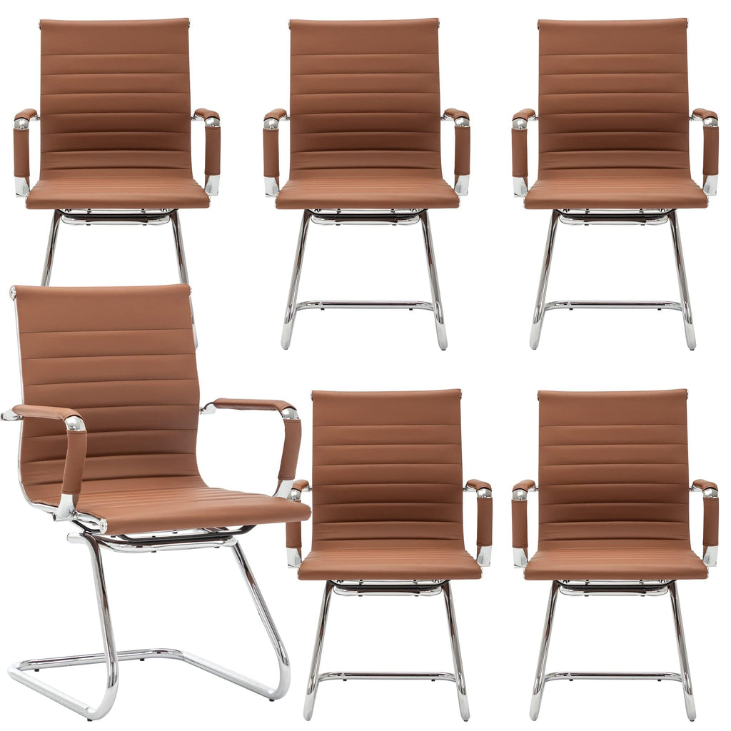 Conference Room Chairs Set of 6, Waiting Room Chairs with Arms, Faux Leather Reception Chairs No Wheels, Office Guest Chairs with Mid Back Support and Chrome Sled Base, Cafe