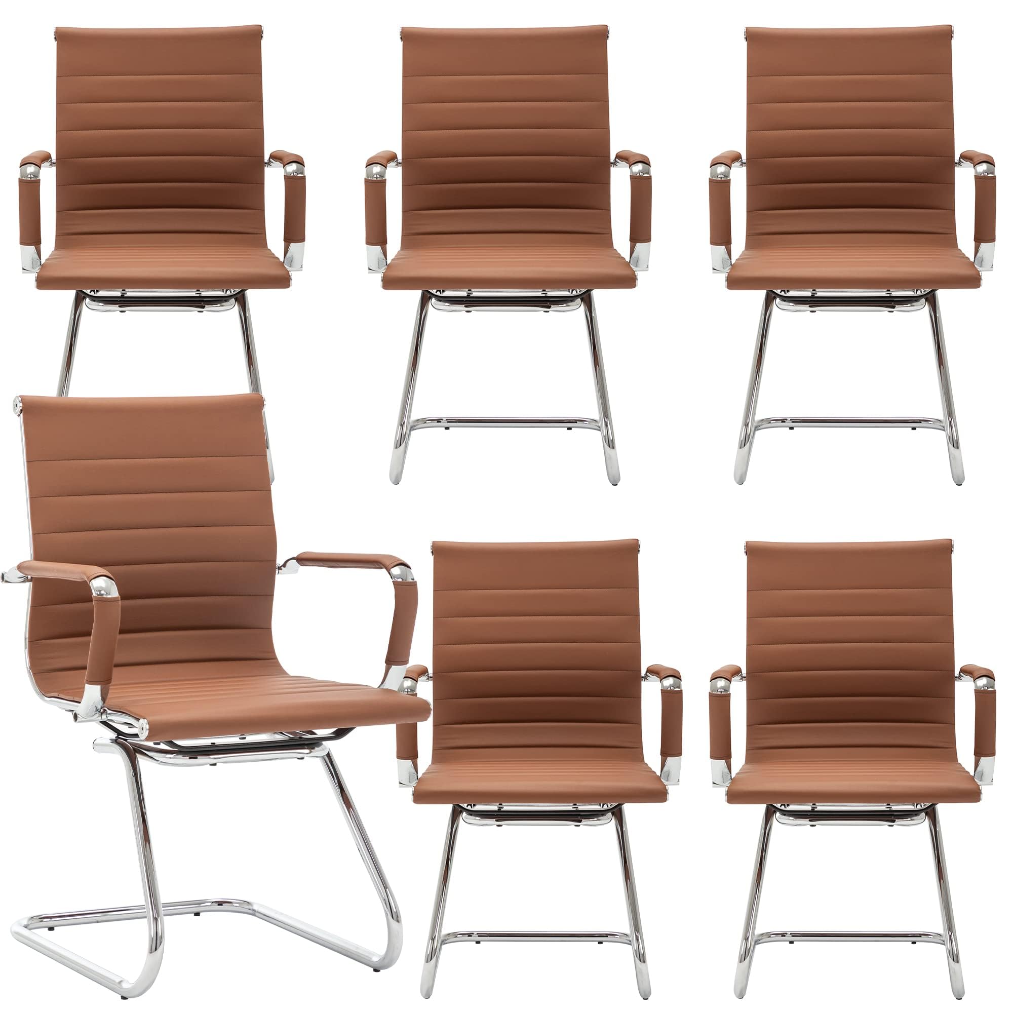 Conference Room Chairs Set of 6, Waiting Room Chairs with Arms, Faux Leather Reception Chairs No Wheels, Office Guest Chairs with Mid Back Support and Chrome Sled Base, Cafe