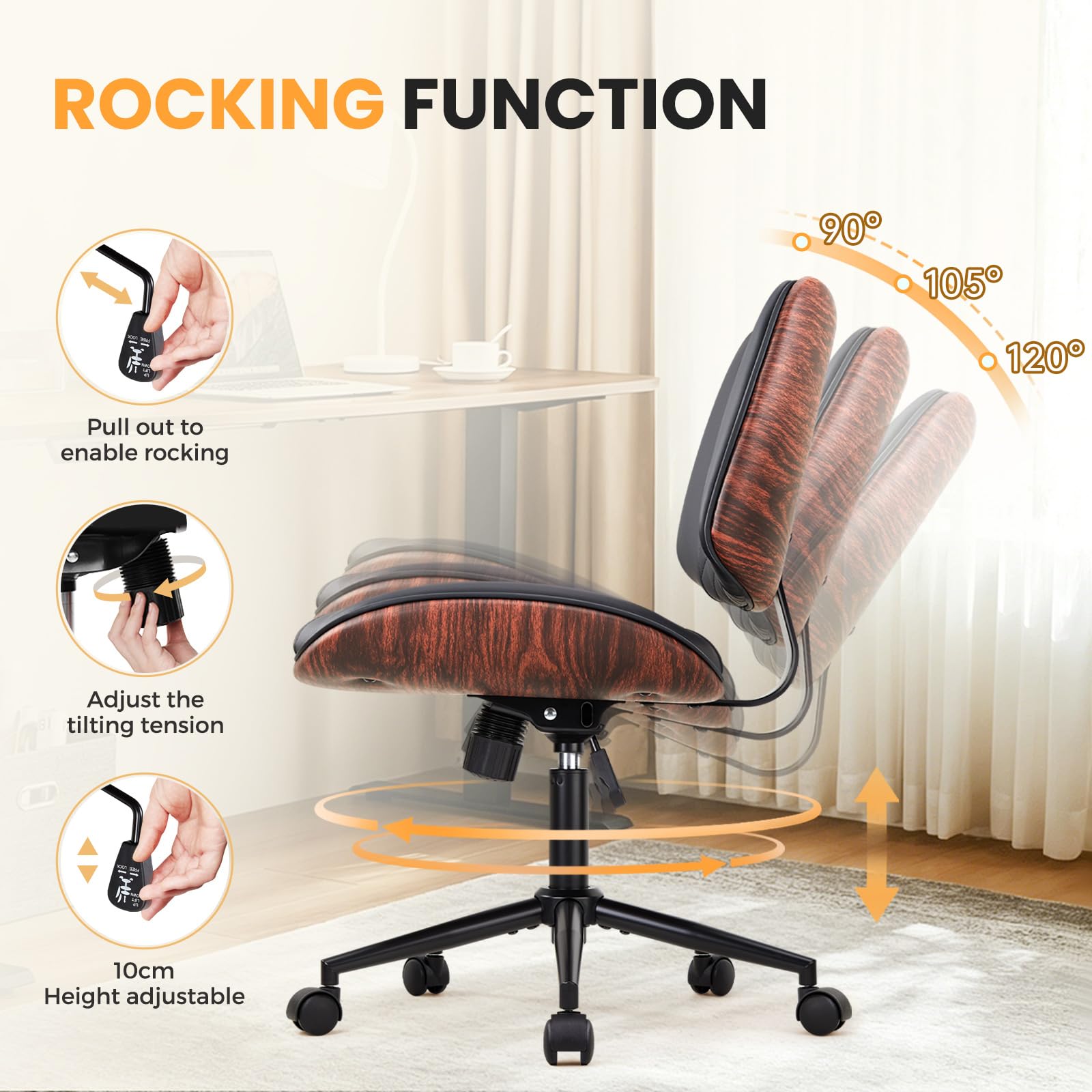 Office Chair Swivel Desk Chair with Wheel Small Computer Chair Armless Task Chair Modern Walnut PU Leather Backrest Rocking Function Adjustable Height, Study Reading Meeting Room (Black)