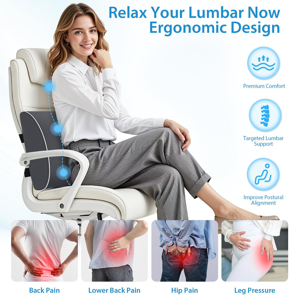 Large Lumbar Support Pillow for Office Chair, Car Seats and Home Desks, Ergonomic Back Support with Double Adjustable Straps, Machine Washable Cover (Gray,XL)