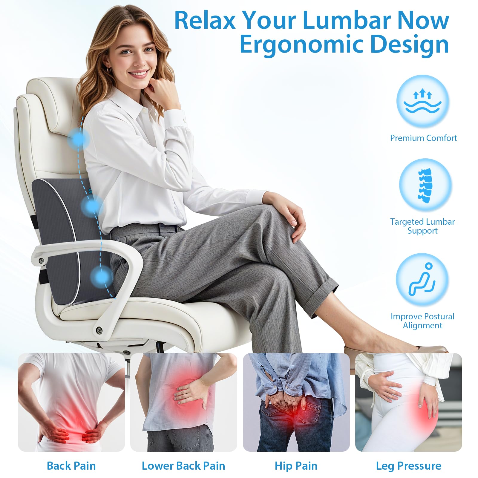 Large Lumbar Support Pillow for Office Chair, Car Seats and Home Desks, Ergonomic Back Support with Double Adjustable Straps, Machine Washable Cover (Gray,XL)