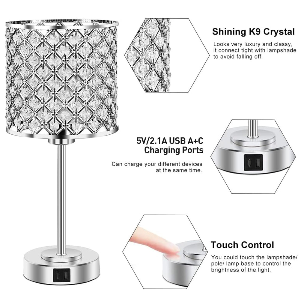 Crystal Bedside Table Lamp, Silver Touch Bedroom Lamp, USB C+A Ports