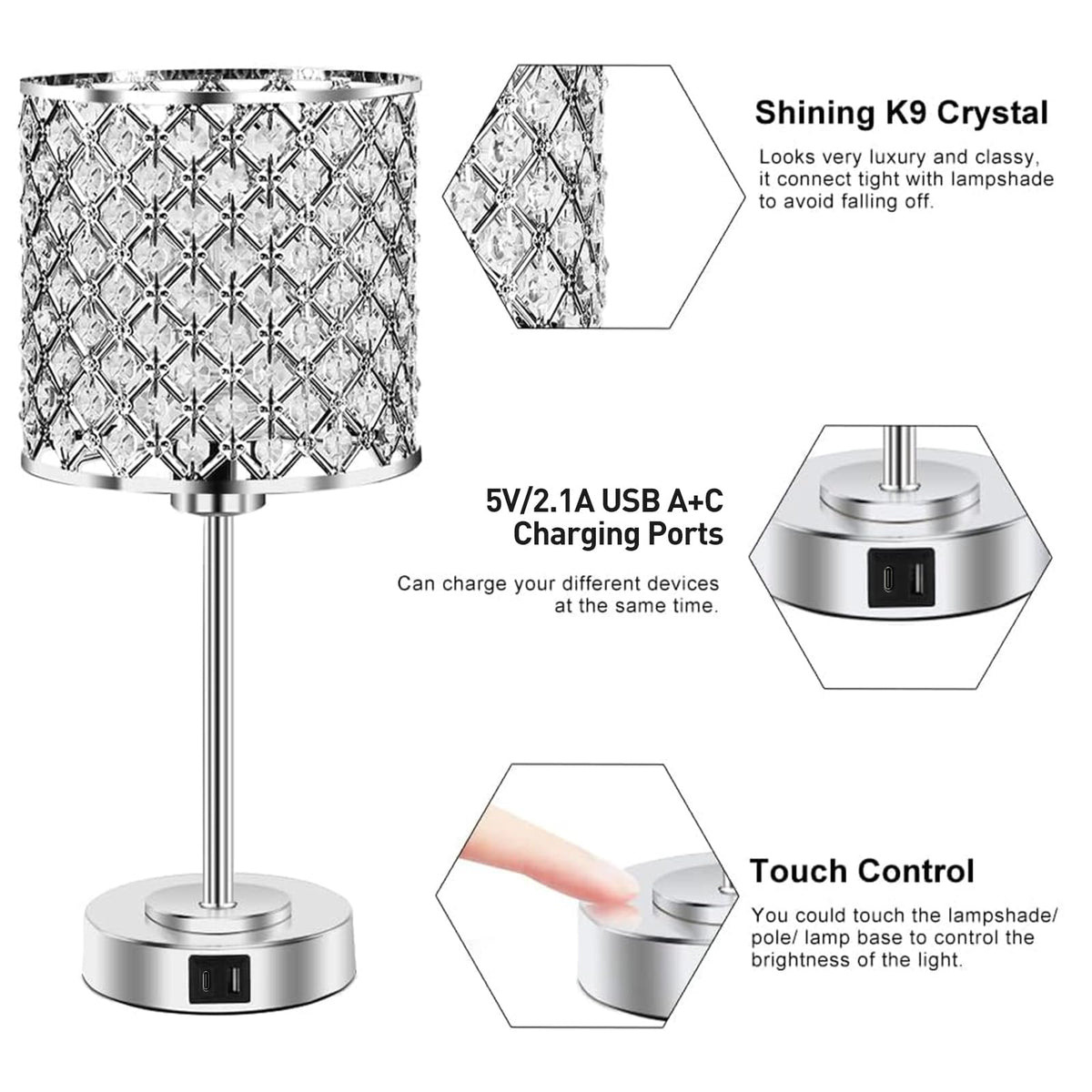 Crystal Bedside Table Lamp, Silver Touch Bedroom Lamp, USB C+A Ports
