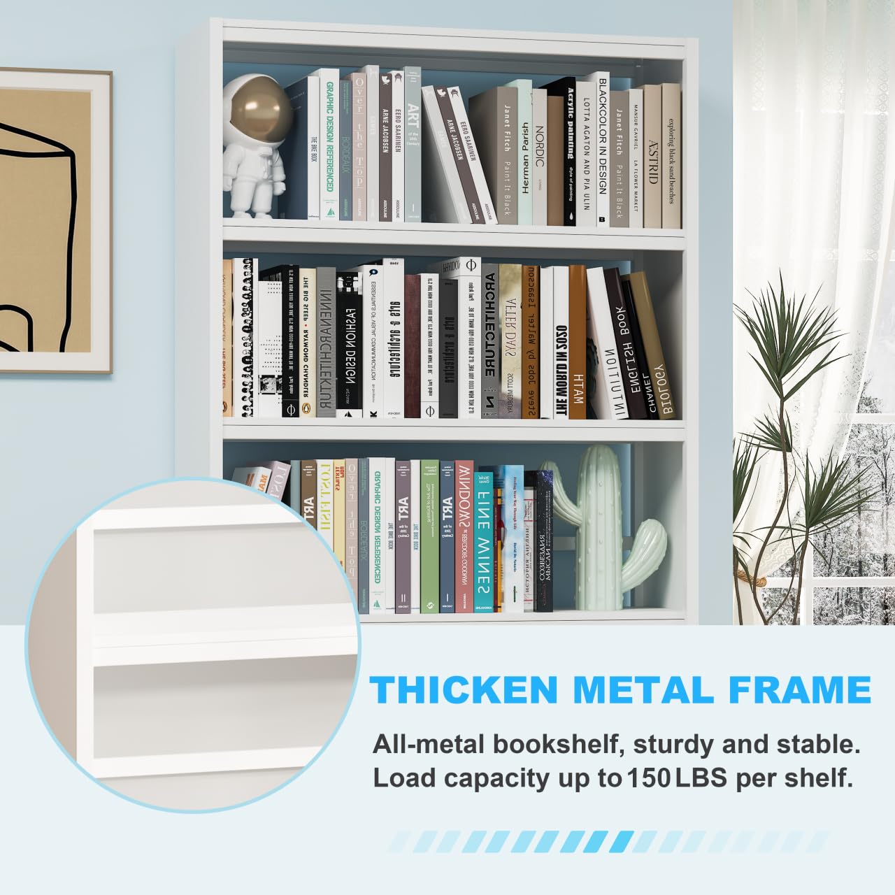 69" White Bookshelf, 5 Tier Tall Bookcase with Bookend, Large Metal Book Shelf Display Storage Shelves for Bedroom Living Room Office