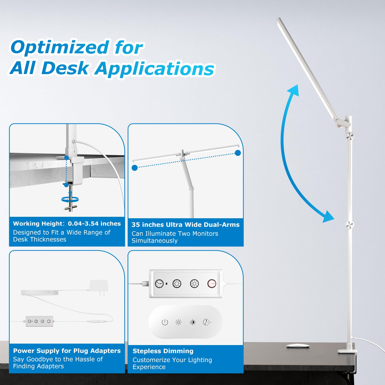 LED Desk Lamp, Double Swing Arm Wide Lighting Area Desk Lamps for Home Office with Stepless Dimming, Eye-Caring Architect Desk Light with Clamp for Reading, Study, Workbench, Drafting(White)