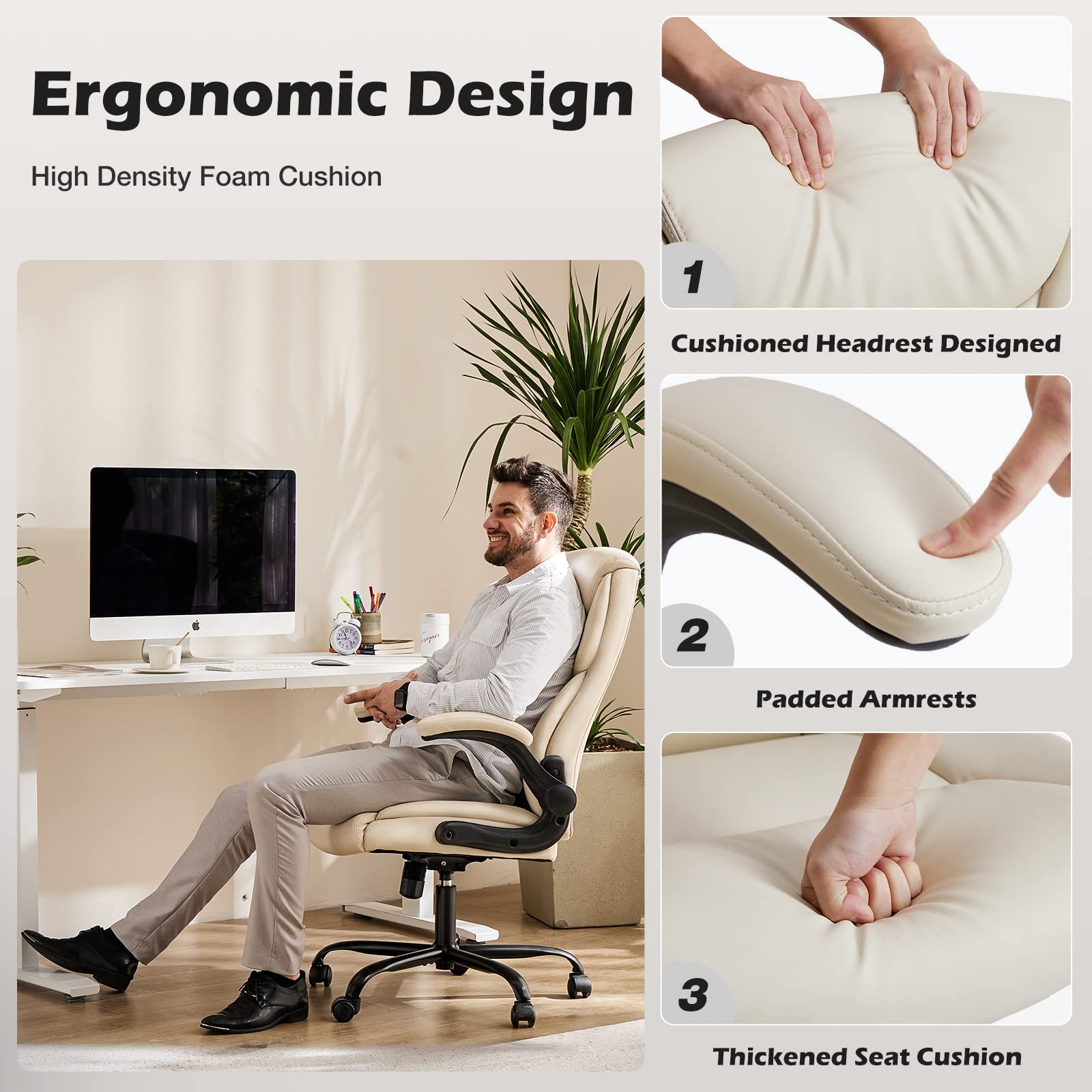 Ergonomic Office Chair, Heavy Duty 275lbs High Back Desk Chair, Flip-up Armrest PU Leather Swivel Rolling Chair with Wheels,White
