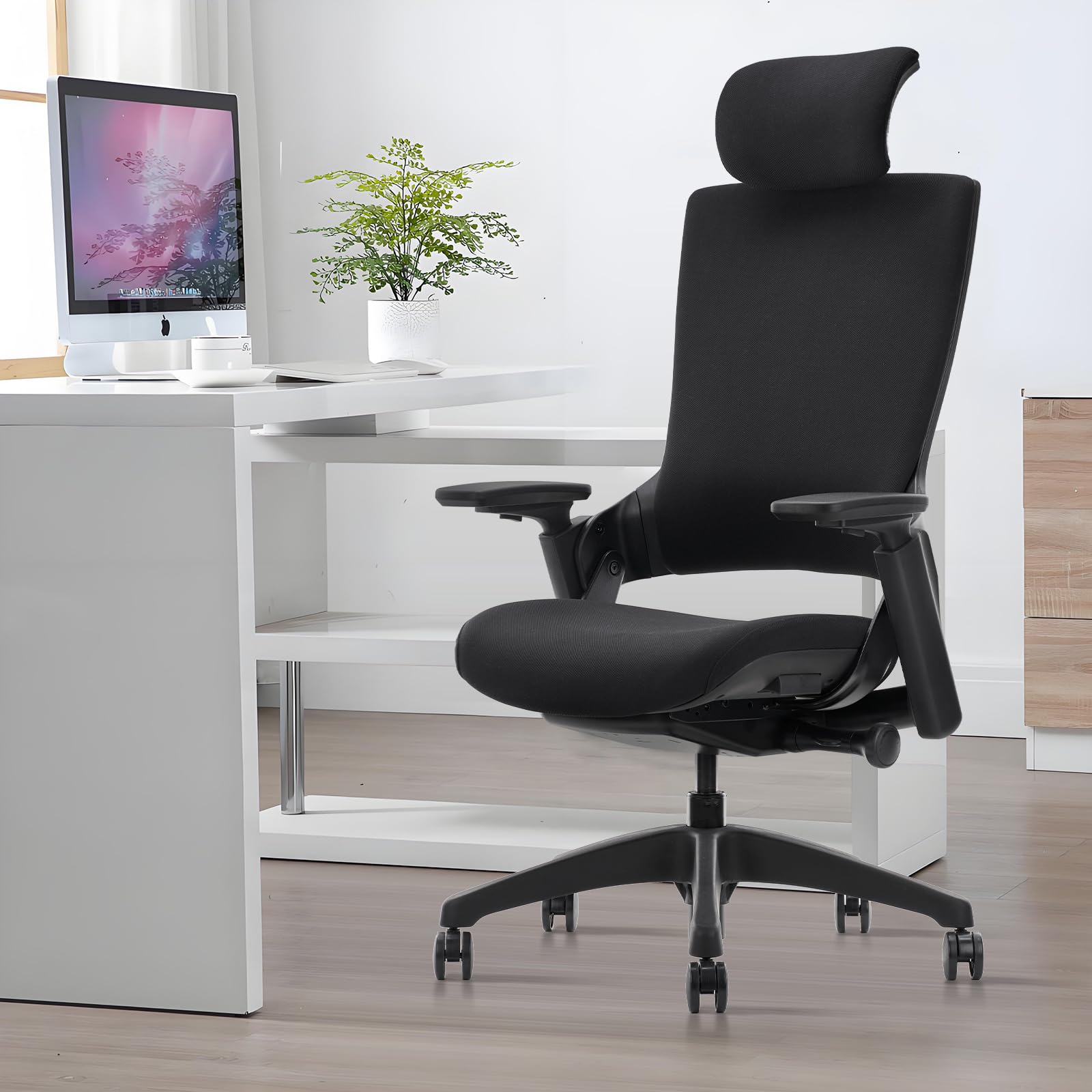 Ergonomic High Swivel Executive Chair with Adjustable Height Head 3D Arm Rest Lumbar Support and Upholstered Back for Home Office Black