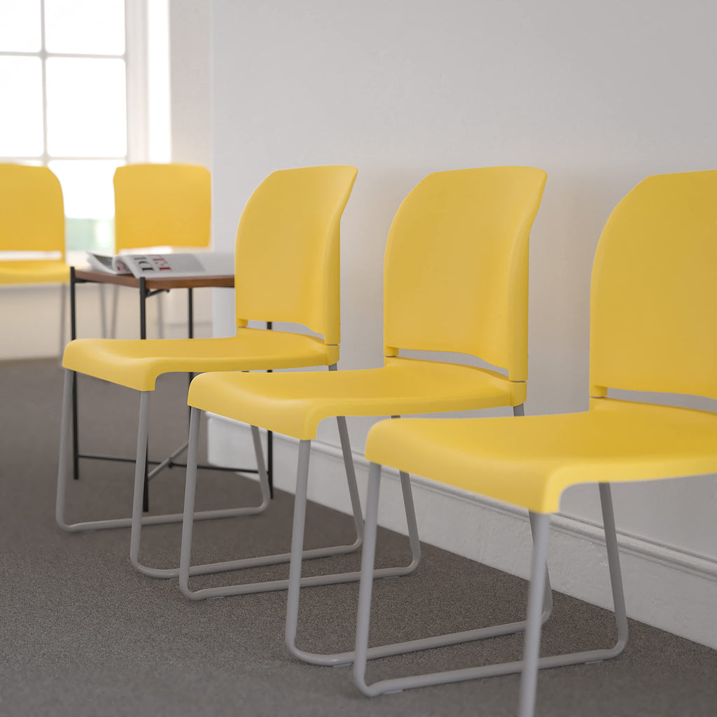 HERCULES Series 5 Pack 880 lb. Capacity Yellow Full Back Contoured Stack Chair with Gray Powder Coated Sled Base