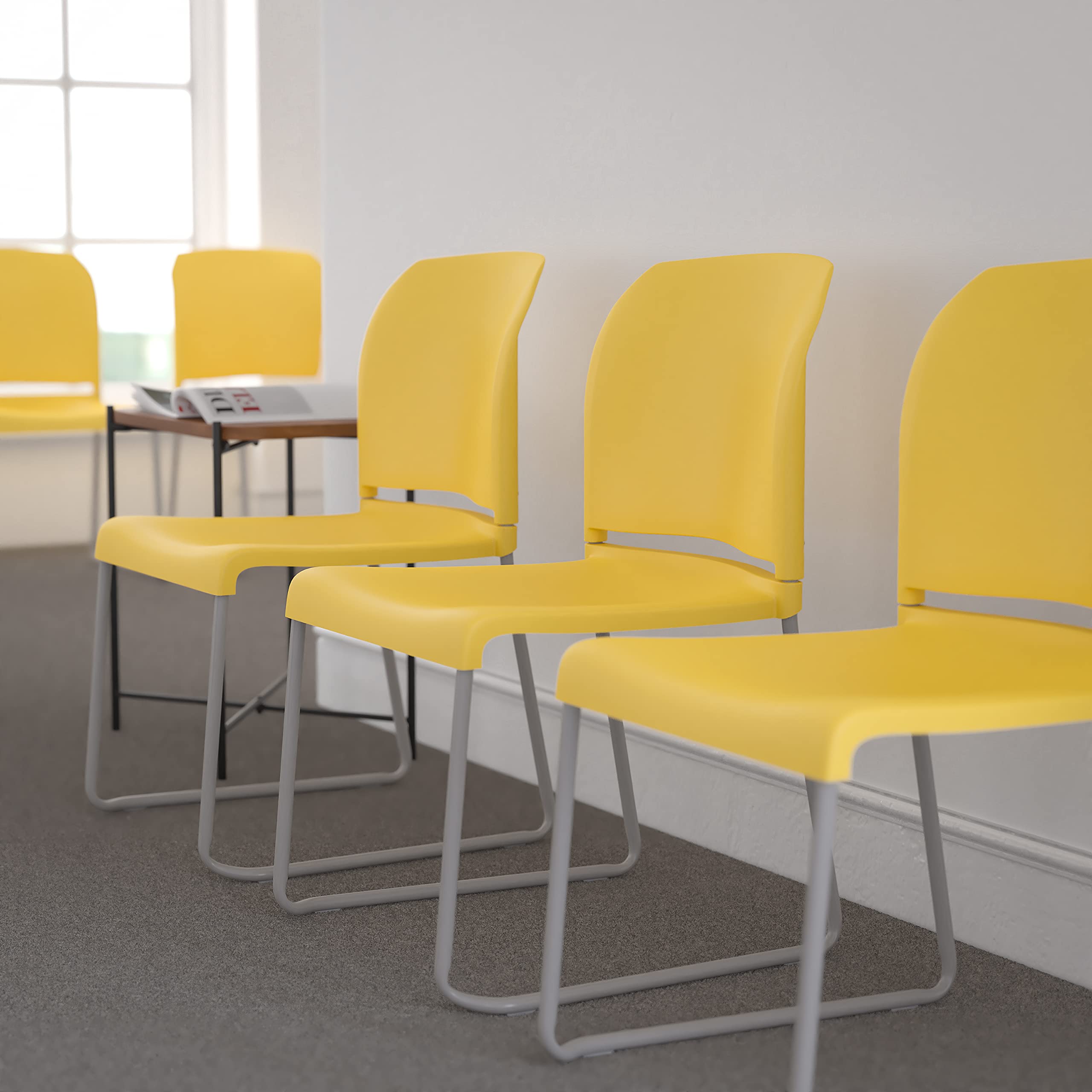 HERCULES Series 5 Pack 880 lb. Capacity Yellow Full Back Contoured Stack Chair with Gray Powder Coated Sled Base