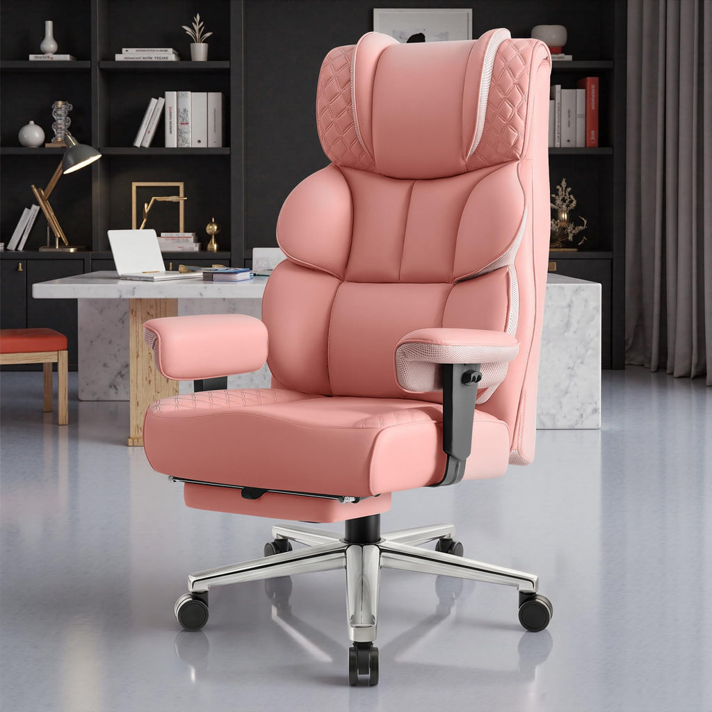 Office Desk Chair, Big and Tall Leather Gaming Chair with Footrest, Ergonomic Comfy Executive High-Back Reclining Computer Chairs, Wide Swivel Rolling Wheels and Padded Lumbar Support, Pink