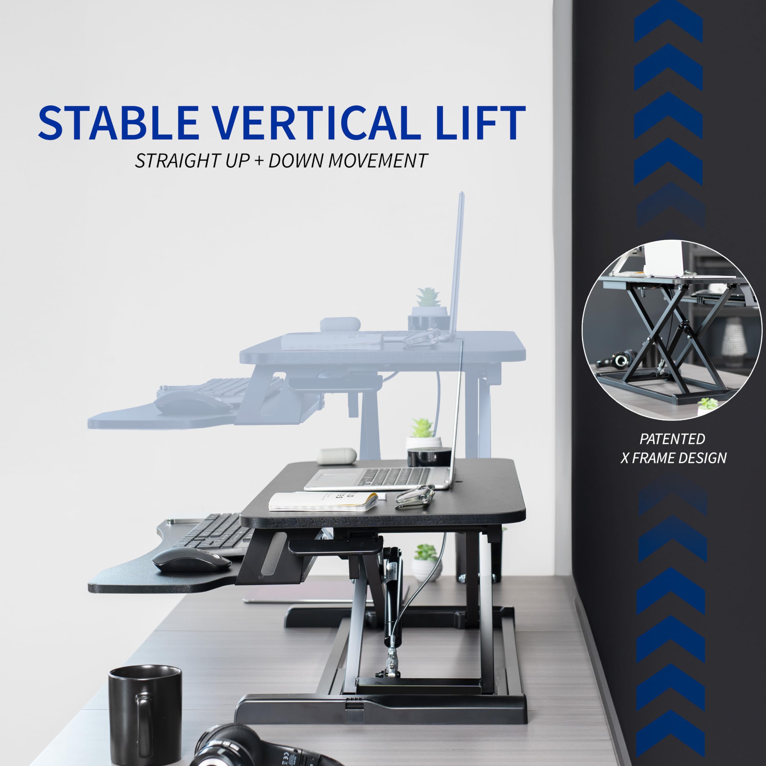 48 inch Desk Converter, K Series, Height Adjustable Sit to Stand Riser, Dual Monitor and Laptop Workstation with Wide Keyboard Tray, Reclaimed Wood Top, Black Frame, DESK-V048KP
