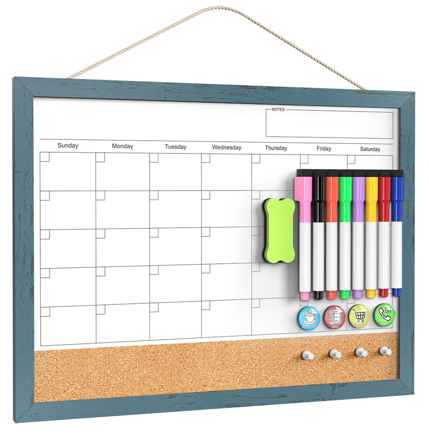 Whiteboard Calendar & Corkboard for Wall, 17x13 Inches Dry Erase Monthly Calendar with Wood Framed, Magnetic White Board Cork Board Combo, Bulletin Board for Home Office Kitchen Memo Planner