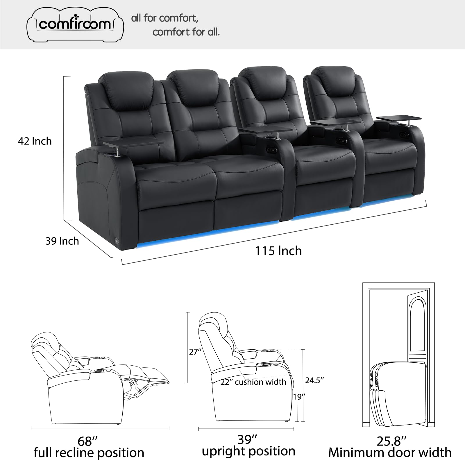 Home Theater Seating Simple Style Top Grain Leather Recliner Chair Dual Power Electric Headrest Movie Theater Chairs Gaming Sofa with Tray Table (Black, Row of 4 Loveseat Left)