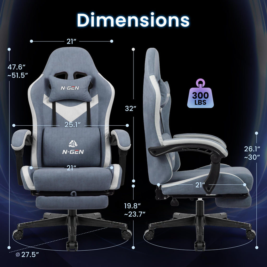 Gaming Chair with Footrest Lumbar Support for Home Office High Back Recliner Height Adjustable Ergonomic Comfy Fabric Computer Desk Chair (Blue)