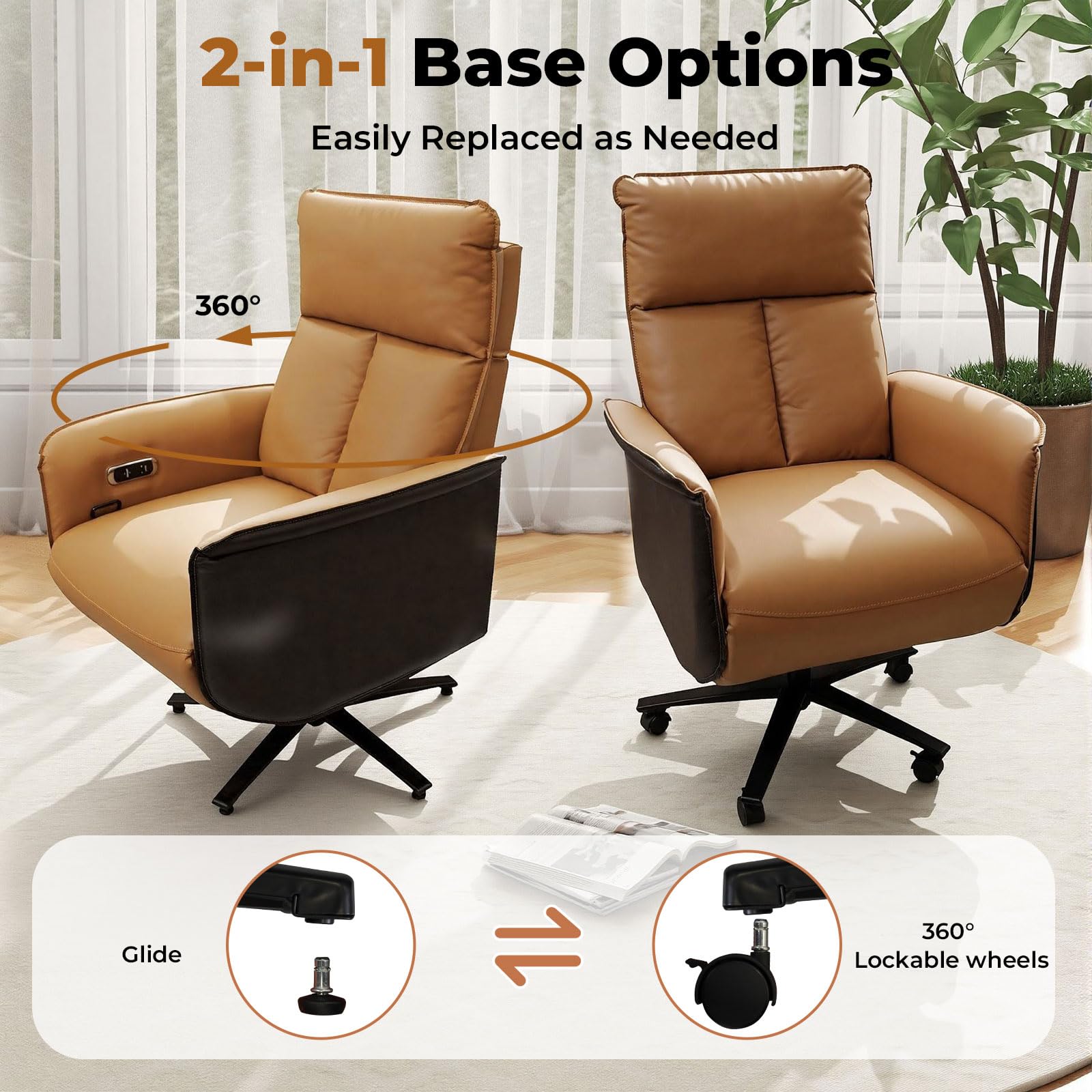 Ergonomic Executive Recliner, Adjustable Electric Office Chair 90-155° with Footrest, 4-Position Headrest, 300LBS Heavy Duty, 2-in-1 Base Swivel Desk Chair w/USB, Brown & Black PU Leather