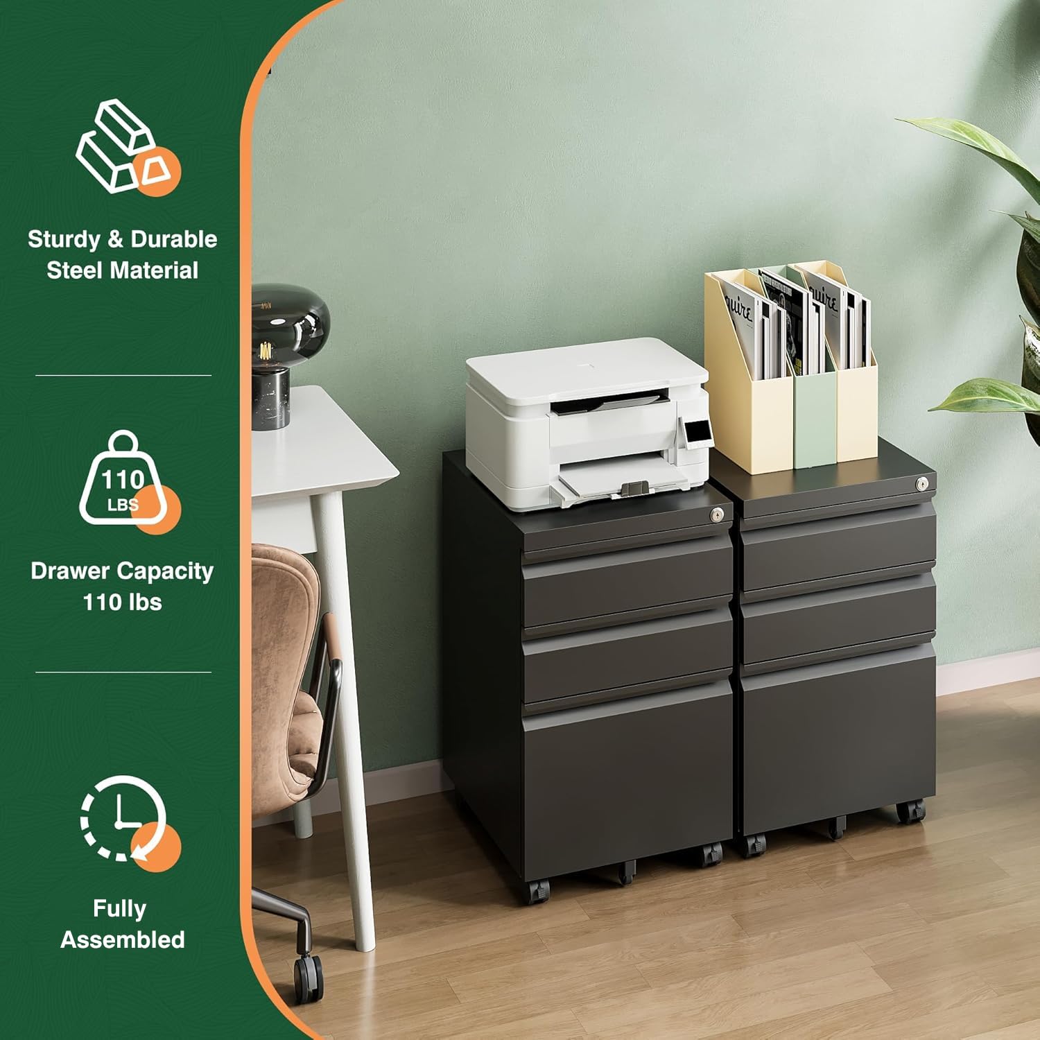 3 Drawer Mobile File Cabinet with Lock,Under Desk Metal Filing Cabinets for Home Office Organizer Letters/Legal/A4((Fully Assembled-Black)