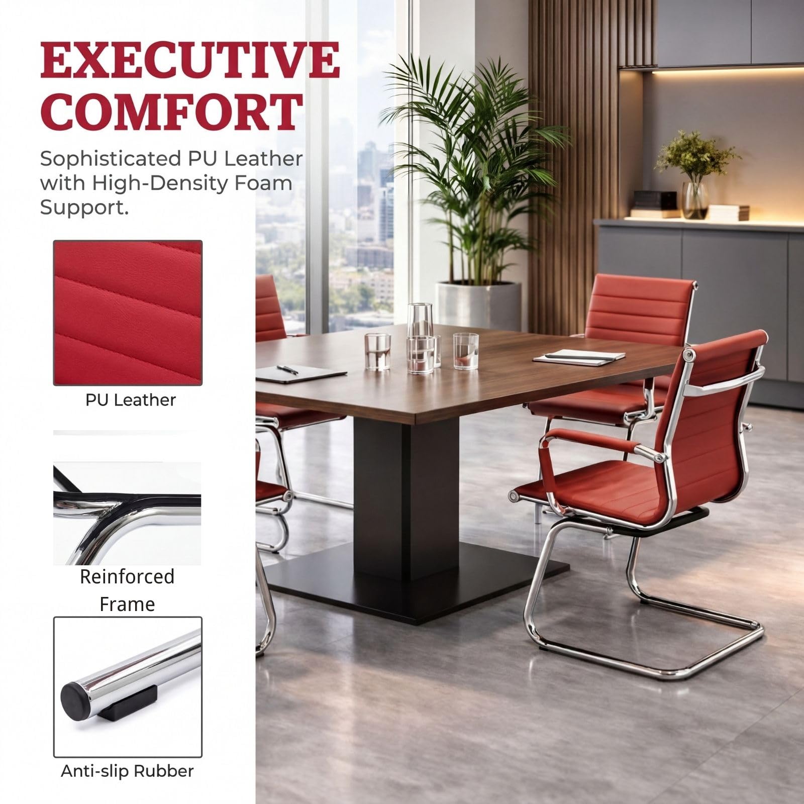 Office Desk Chair No Wheels Set of 6 PU Leather Computer Chairs Mid Back Guest Chairs for School Reception Conference Waiting Room, Deep Red