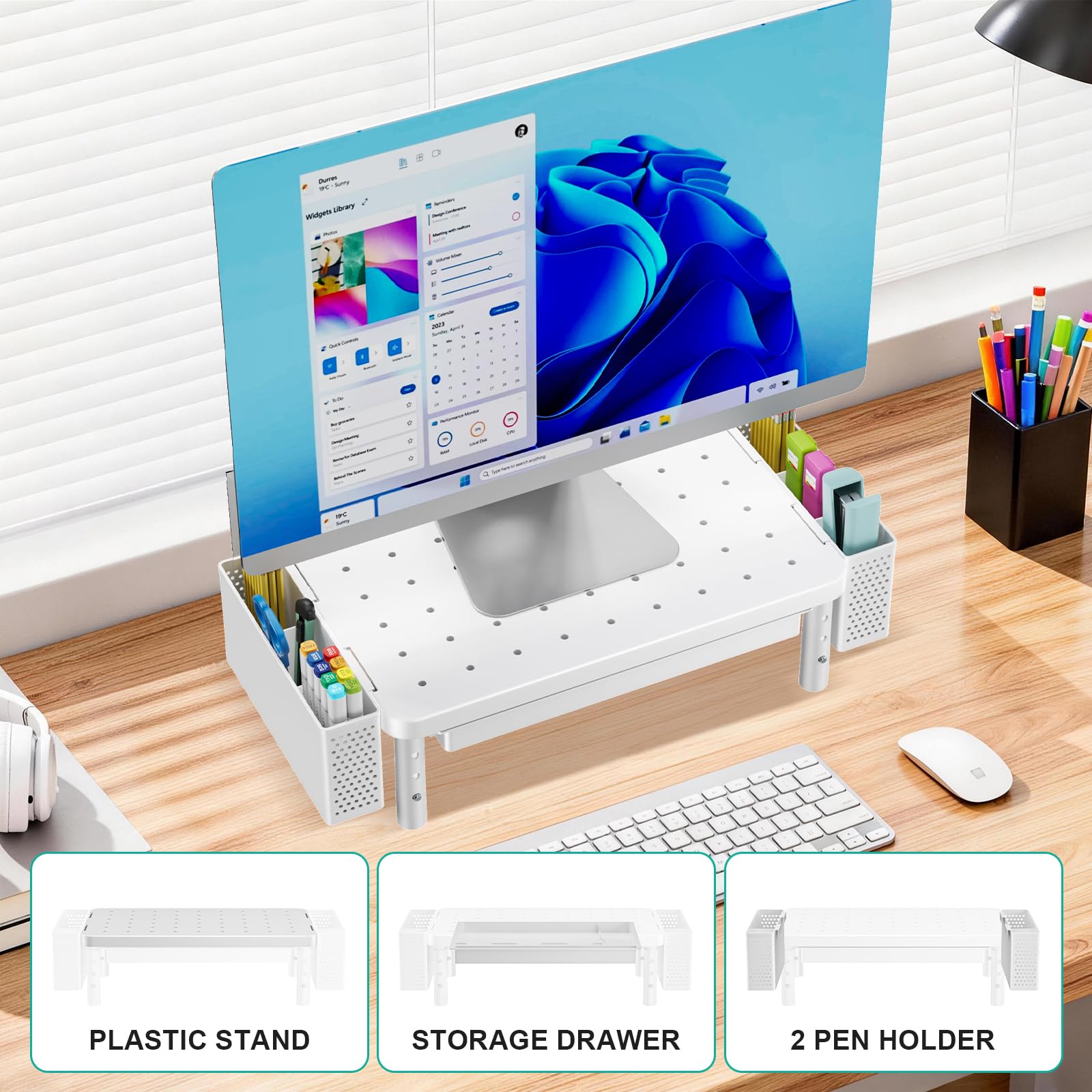 Computer Monitor Stand with Storage, Desk Organizer with Drawer and Pen Holder, Desk Monitor Riser 3 Height Adjustable, Laptop Riser for Computer, Laptop, Printer(PTT003-W), 1 Pack, White