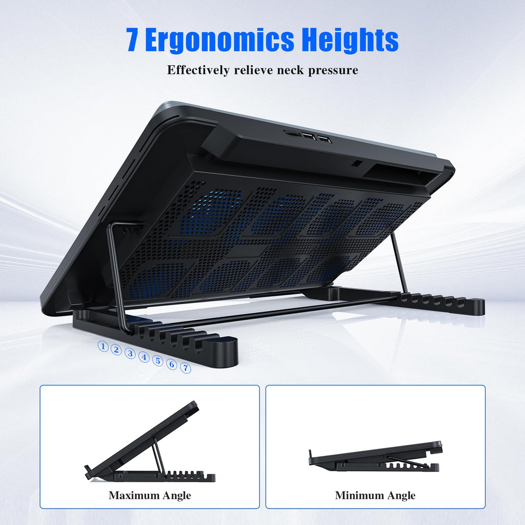 Laptop Cooling Pad, Laptop Cooler with 8 Quiet Fans for 12-17 Inch Gaming Laptop Fan Cooling Pad Stable Stand 7 Height & Wind Speed Adjustable, 2 USB Port & Phone Holder