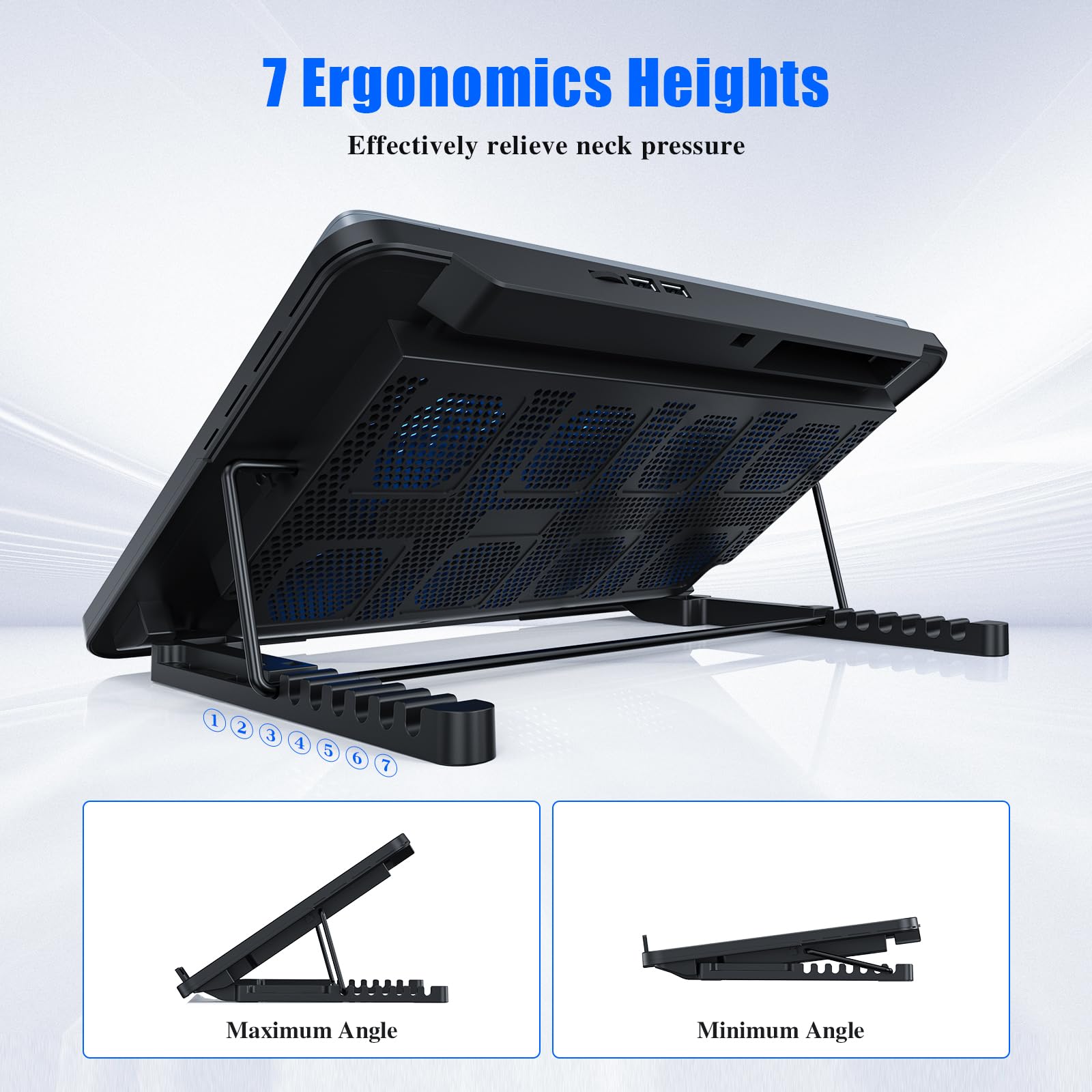 Laptop Cooling Pad, Laptop Cooler with 8 Quiet Fans for 12-17 Inch Gaming Laptop Fan Cooling Pad Stable Stand 7 Height & Wind Speed Adjustable, 2 USB Port & Phone Holder