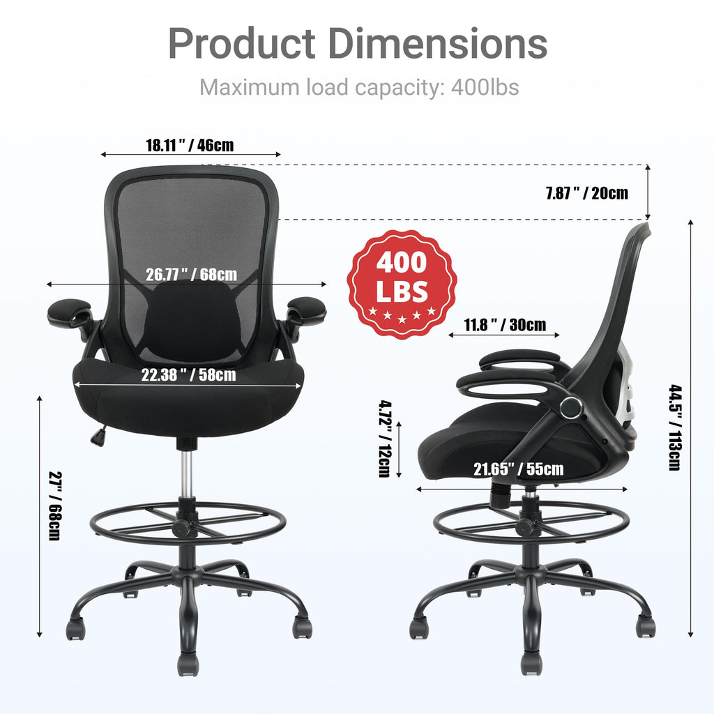 400lbs Big and Tall Heavy Duty Drafting Chair 5" Thickened Seat Tall Office Chair Flip-Up Armrests Ergonomic Chair with Lumbar Support and Adjustable Footrest Ring Standing Desk Chair (Black)