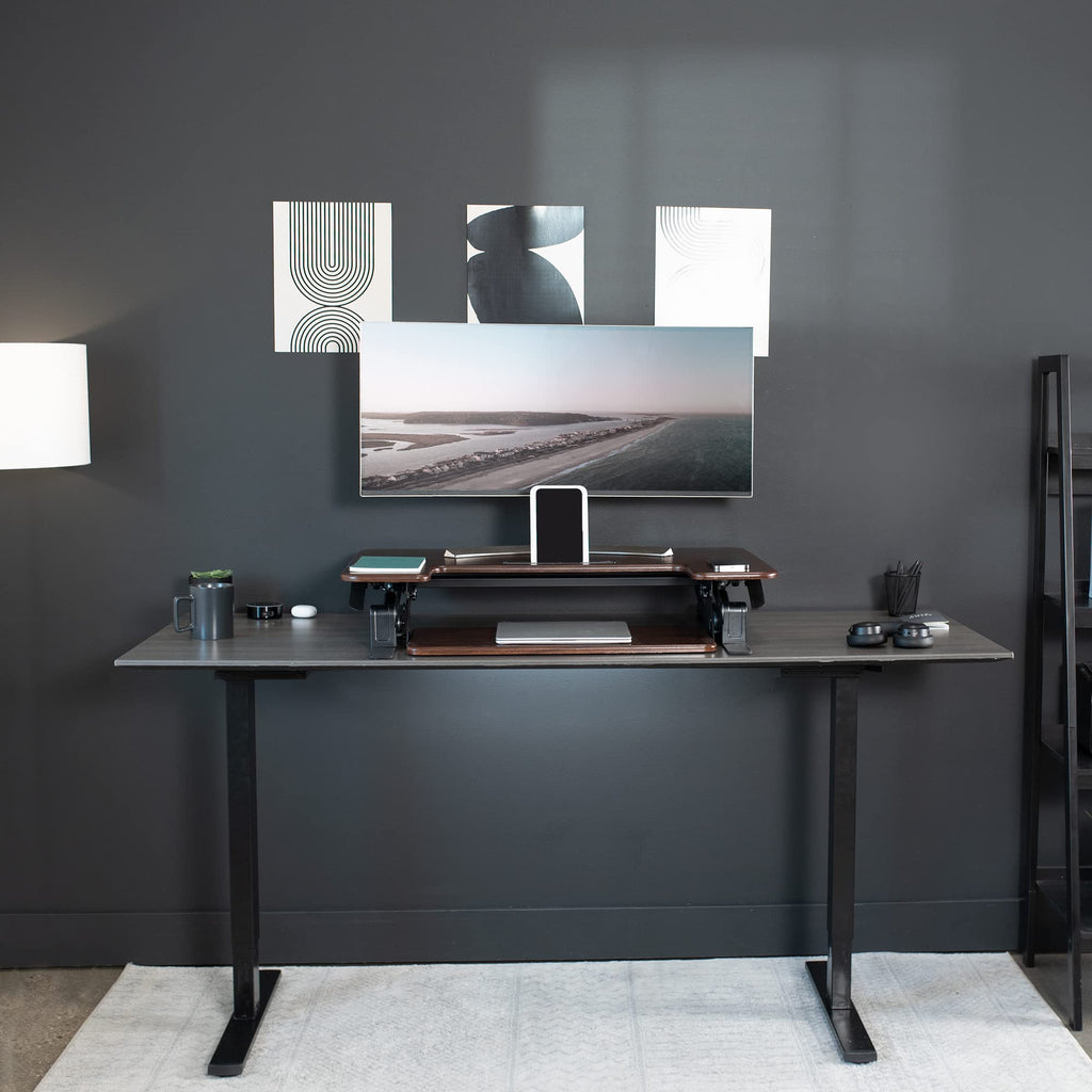 42 inch Height Adjustable Stand Up Desk Converter, V Series, Quick Sit to Stand Tabletop Dual Monitor Riser Workstation, Dark Walnut Top, Black Frame