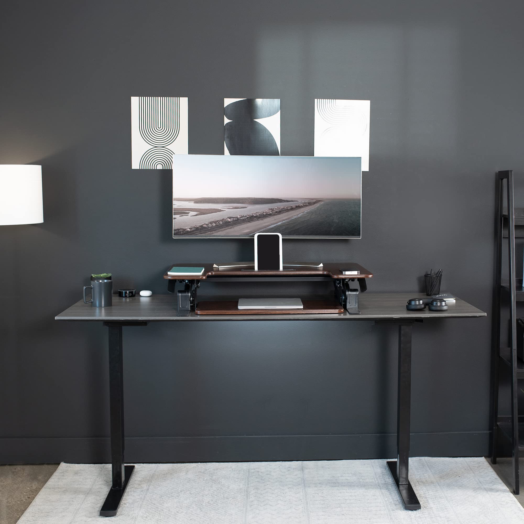 42 inch Height Adjustable Stand Up Desk Converter, V Series, Quick Sit to Stand Tabletop Dual Monitor Riser Workstation, Dark Walnut Top, Black Frame