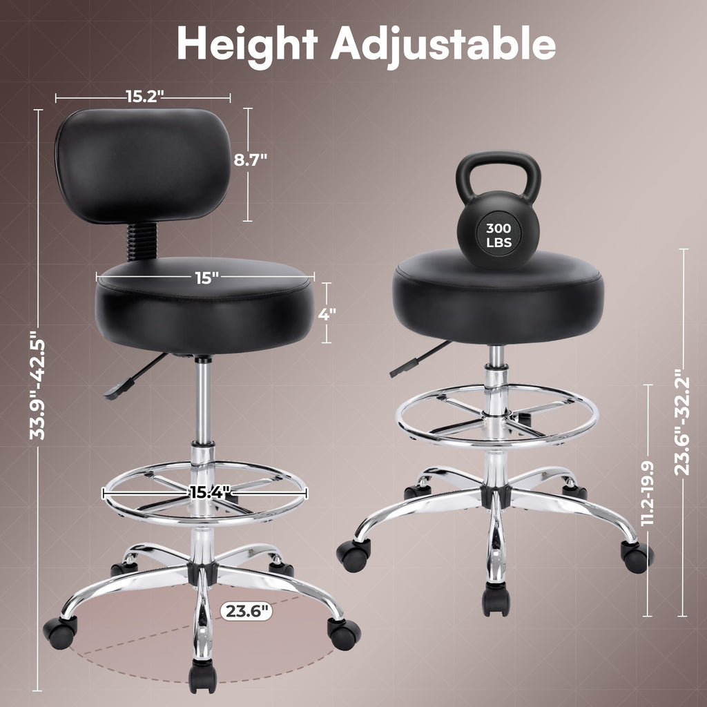 Drafting Chair with Back, Adjustable Foot Rest Rolling Stool, Multi-Purpose Office Desk Chair, Thick Seat Cushion for Home Bar Kitchen Shop - Black