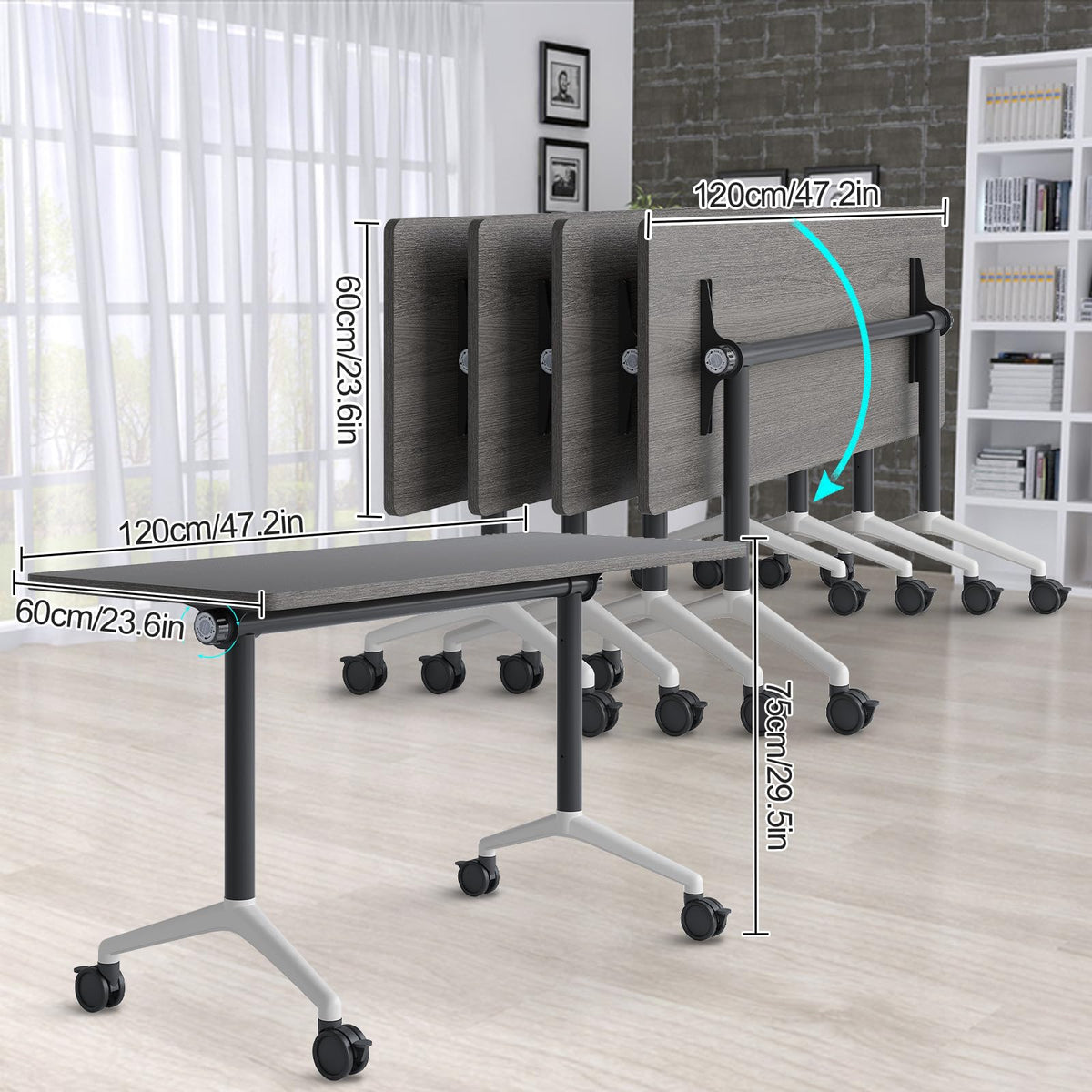 Folding Conference Table with Wheels, Flip-Top, 47.2in, 6 Pack, Gray
