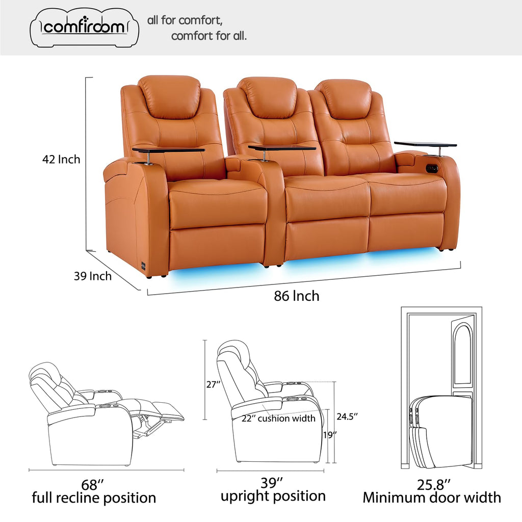 Home Theater Seating Simple Style Seats Top Grain Leather Loveseat Recliner Chair Dual Power Movie Theater Chairs Gaming Sofa with Tray Table (Orange, Row of 3 Loveseat Right)
